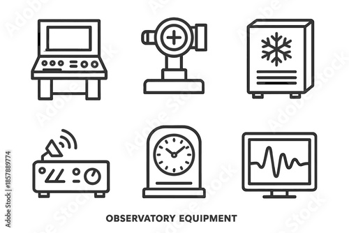 Observatory Equipment Icons. Line style icons of Observatory Equipment: control desk, calibration tool, cooling system, signal