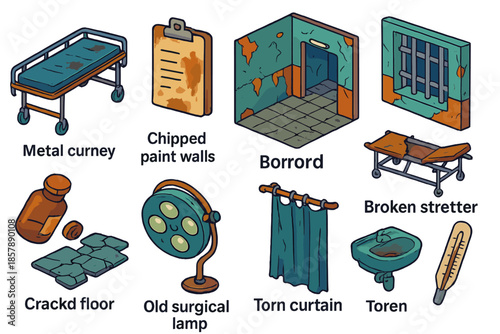 Forgotten Asylum Icons. Isometric vector illustration set Forgotten Asylum: metal gurney, stained medical chart, deserted corridor