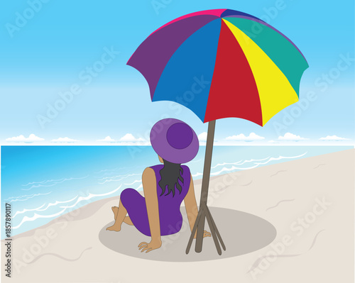 P


Vector illustration design of a woman in purple clothes with a hat sitting on the sand under a colorful umbrella on the beach while looking out at the sea and blue sky