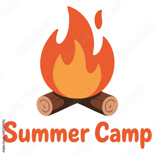 Summer camp text with cartoon fire sticks burning wood vector hand drawn illustration camping color icon