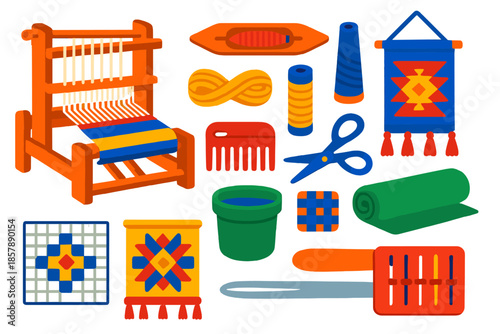 Artisan Weaving Tools. Isometric vector illustration set Artisan Weaving: wooden handloom, shuttle with yarn, spool of thread,