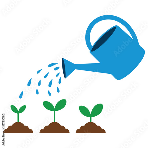 Watering can pours water on young plant growth from soil farming agriculture take care illustration