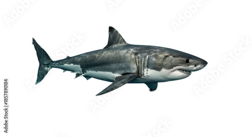 An adult great white shark, powerful and sleek, swims gracefully through deep, dark ocean water, dramatically lit against a black background, untamed power of nature concept