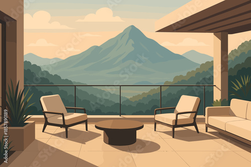 Scenic Mountain Patio. Luxurious patio with a scenic mountain view, soft natural lighting, modern design, and tranquil vector