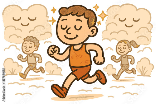 Happy Sensory Deprivation. Cheerful doodle sensory deprivation illustration with happy runners, cartoon muffled environment,