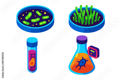 Genetic Organism Icons. Isometric vector illustration set Genetically Engineered Organisms: Fluorescent bacteria colony,