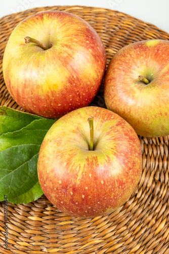 New harvest of french sweet red green apples, tasty healthy fruits with green leaves