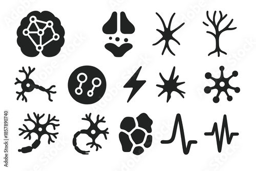 Neural Network Icons. Solid style icons of Neural visualization: brain network, synapse connection, dendrite branch, axon pathway,