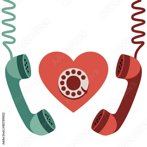 romantic vector illustration for valentines day showing couples communicating through old telephones with heart shaped cables long distance love theme