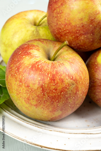 New harvest of french sweet red green apples, tasty healthy fruits on plate