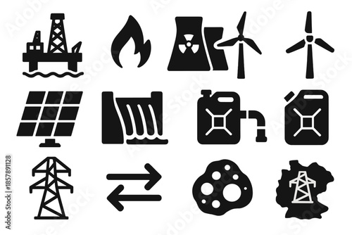 Energy Icon Collection. Solid style icons of energy geopolitics: oil rig, natural gas flame, nuclear plant, wind turbine, solar
