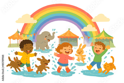 Joyful Rainbow Celebration. Rainbow festival after rain with glowing arcs, joyful puddles, and children splashing alongside