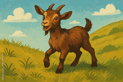 Playful Goat on Hillside. Playful goat standing on a grassy hillside under bright natural light, vibrant earthy tones and sharp