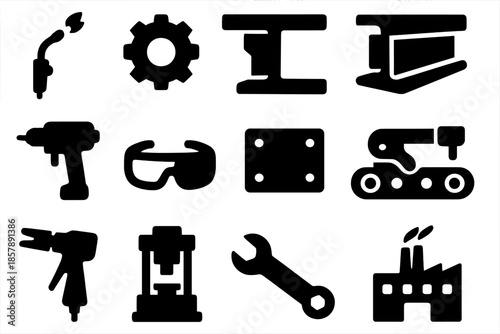 Industrial Metalworking Icons. Solid style icons of Industrial Metalworking: Welding Torch, Gear, Metal Beam, Drill Press, Grinder