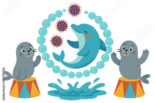 Dolphin Circus Extravaganza. Playful dolphin circus with juggling sea urchins, waving seals, and a ring of bubbles No text, No