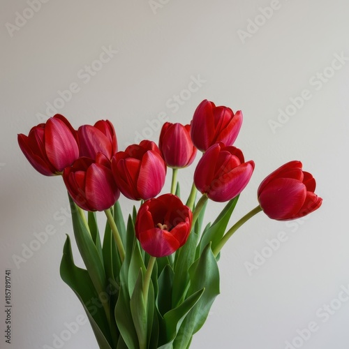 A stunning, vibrant bouquet of deep red tulips standing against a simple, light background, symbolizing passion, springtime beauty, and romance ,decoration, fresh, studio shot