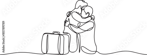 continuous line of two people hugging next to a suitcase. single line drawing of separation, one line Art icon drawing