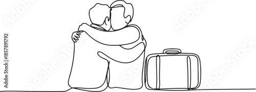 continuous line of two people hugging next to a suitcase. single line drawing of separation, one line Art icon drawing