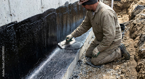 A construction worker applies black waterproofing sealant to a building foundation with a trowel in a trench.