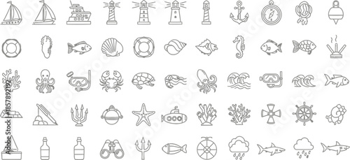 Marine Life & Nautical Icon Set, vector line symbols of sea creatures, sailboats, anchors, lighthouses, coral reefs, navigation elements, underwater wildlife, ocean exploration, pictograms 