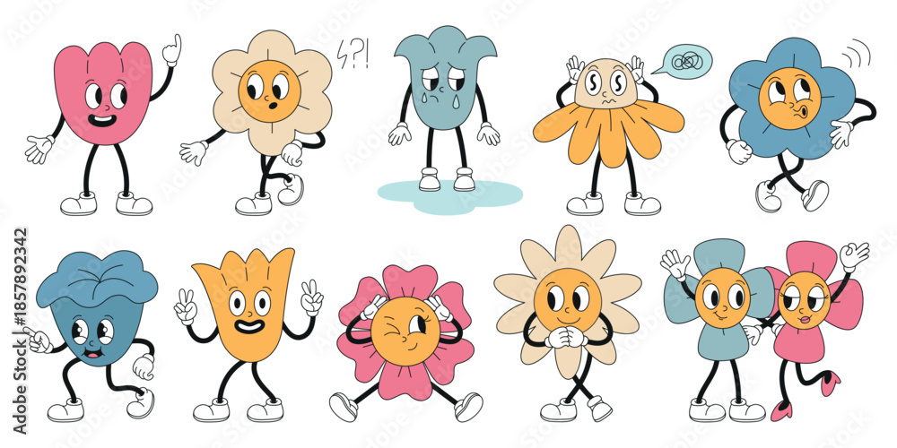 Obraz premium Groovy flowers characters. Funny retro chamomile, cartoon daisy and tulip. Isolated vintage floral mascots. Emotional plants, stickers design, neoteric vector clipart