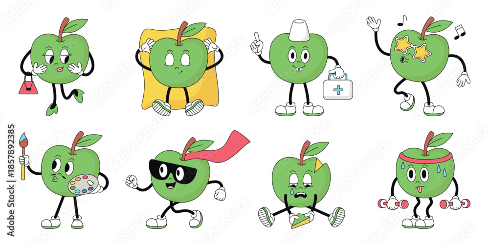 Obraz premium Groovy apple character. Funny positive apples retro style. Funky fruits various poses and emotions. Superhero, sporty characters, doctor and painter, neoteric vector set