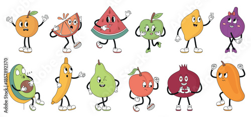 Groovy fruits characters. Retro fruit emotions, different poses. Isolated apple pear, peach banana, watermelon and grape slices. Fresh food neoteric vector set