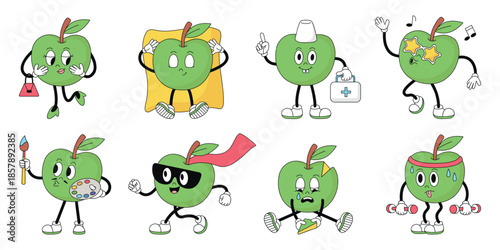Groovy apple character. Funny positive apples retro style. Funky fruits various poses and emotions. Superhero, sporty characters, doctor and painter, neoteric vector set