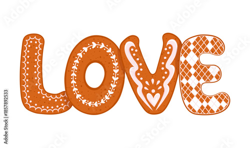 Hand drawn vector lettering LOVE made of decorated gingerbread cookies with icing. Festive romantic illustration for Valentine's Day. Cozy handmade style for greeting cards, posters, seasonal design