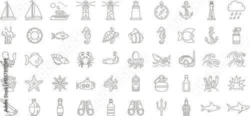 Marine Life & Nautical Icon Set, vector line symbols of sea creatures, sailboats, anchors, lighthouses, coral reefs, navigation elements, underwater wildlife, ocean exploration, pictograms 