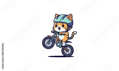 Cartoon Cat Riding Bicycle with Helmet.