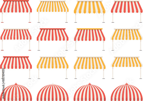 Adobe Illustrator Artwork Collection of colorful striped awnings in various styles on transparent background silhouette

