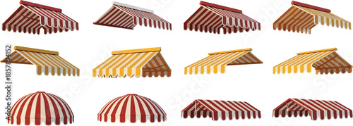 Collection of colorful striped awnings in various styles on transparent background silhouette vector

