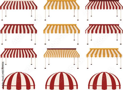Collection of colorful striped awnings in various styles on transparent background silhouette

