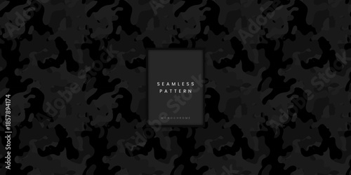 Seamless monochrome camouflage pattern or soft blobbing camo texture with dark grey shapes on a black background for military tactical gear and hunting apparel or denim surface