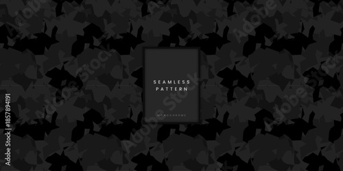 Seamless monochrome camouflage pattern or shard camo background with sharp angular shapes in black and dark grey for futuristic military techwear and modern tactical gear or denim