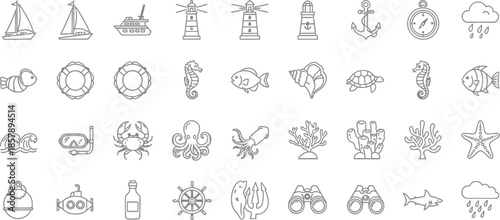 Marine Life & Nautical Icon Set, vector line symbols of sea creatures, sailboats, anchors, lighthouses, coral reefs, navigation elements, underwater wildlife, ocean exploration, pictograms 