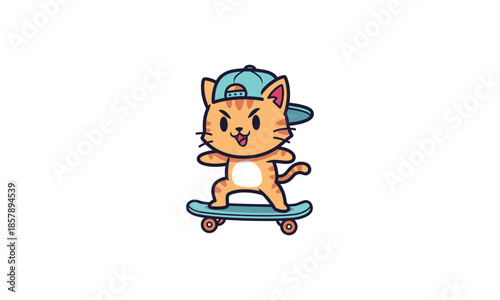 Cartoon Cat Riding Skateboard Wearing Cap.