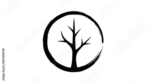 Minimalist Bare Tree Silhouette Inside Hand Drawn Circle for Abstract Nature Concept on Isolated White Background