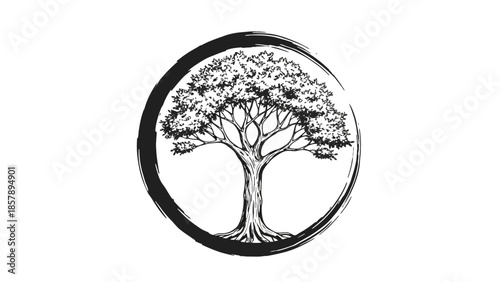 Black silhouette of a majestic tree with dense foliage and visible roots within a textured ensō circle, symbolizing life and grounding on an isolated white background.