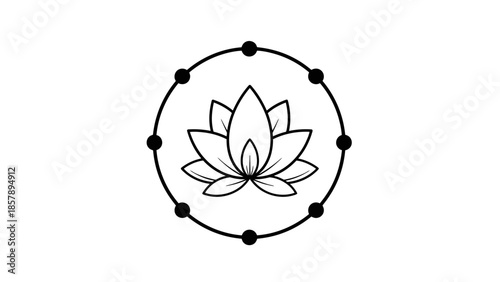 Black Outline Lotus Flower with Sacred Dots in Circle, Minimalist Spiritual Design, Isolated White Background
