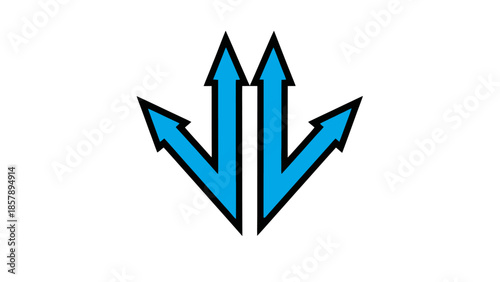 Three blue arrows pointing downwards and outwards in a branching pattern, symbolizing choices, decisions, and strategic options on an isolated white background.