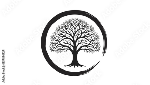 Black silhouette of a strong, bare tree with visible roots inside a brushstroke ensō circle, symbolizing strength and wisdom on an isolated white background.