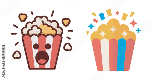 A pair of cartoon popcorn icons illustrating different emotions and celebrations