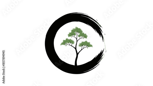Green bonsai tree inside a black ensō zen circle, representing nature, balance, and meditation on an isolated white background.