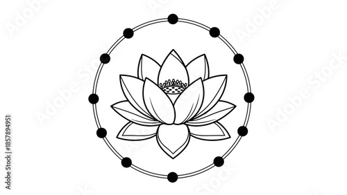 Black and white outline lotus flower logo icon in a simple circular frame with dots, isolated white background, serene and spiritual.