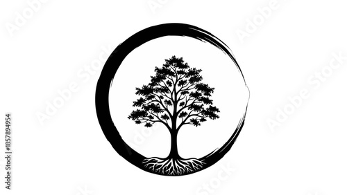 Detailed Black Silhouette Tree with Roots in Enso Zen Circle Brush Stroke on Isolated White Background