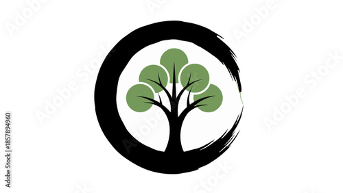 Green Tree with Round Leaves in Black Enso Zen Circle Brush Stroke on Isolated White Background