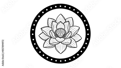 Detailed Black and White Lotus Flower in Circular Frame with Dots Border on Isolated White Background