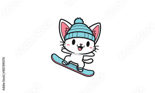Cartoon Cat Skiing with Hat On.